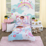 Disney Doc McStuffins - Cuddle Team Purple, White, & Blue 4Piece Toddler Bed Set - Comforter, Fitted Bottom Sheet, Flat Top Sheet, & Reversible Pillowcase, Lavender, Aqua, Pink, Yellow