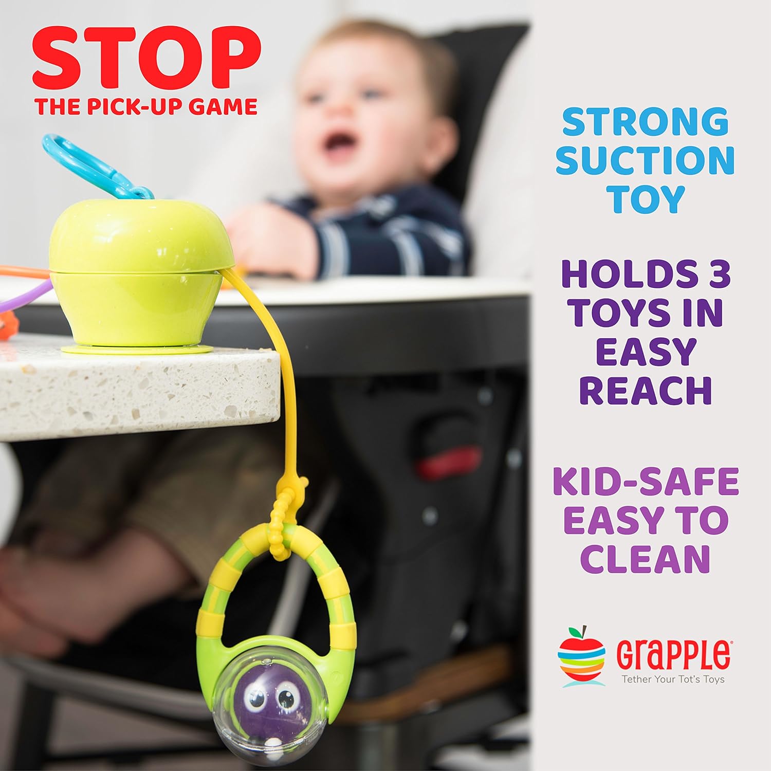 Grapple Suction Cup High Chair Toys Holder | 3 Toy Tethers Keep Toys from Falling | Holds Teethers, Toys, Snack Cups | for Babies 6-12 Months | Perfect for Travel and Restaurant