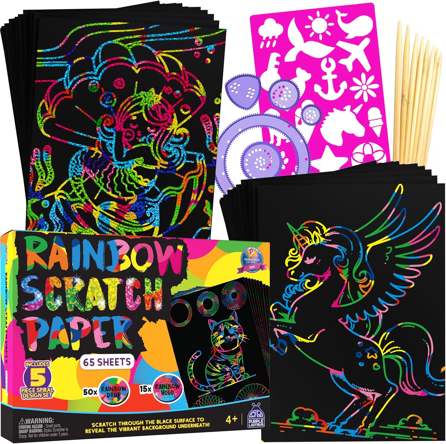 PURPLE LADYBUG Rainbow Scratch Art Paper, 79 PCS Creative Drawing Paper & Stencils - Arts and Crafts for Ages 4-12, Kids Craft Activity Set for Summer, Wedding, Travel, Birthday Party Games, Camping