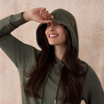 Motherhood Maternity Women's Long Sleeve Fleece Tunic Pullover Pregnancy Hoodie with Side Slits and Kangaroo Pocket, Green Depths, Medium