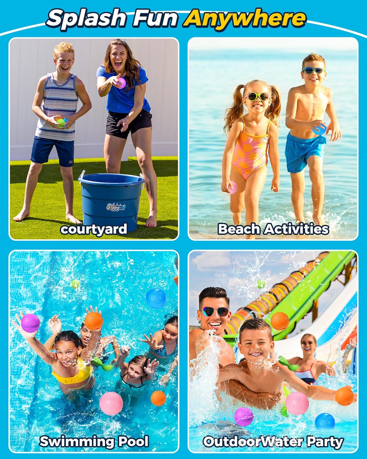 SOPPYCID Reusable Water balloons, Summer Toy Water Toy for Boys and Girls, Pool Beach Toys for Kids ages 3-12, Outdoor Activities Water Toys Self Sealing Water Splash Ball for Fun (6Pack)