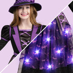 Spooktacular Creations Halloween Witch Costume Kids, Light Up Witch Dress with Hat and Broom for Girls, Toddlers Bat Outfit Set for Halloween Costumes Role Play Parties, Purple (3T(3-4 yrs))