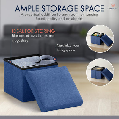 Ornavo Home Small Storage Ottoman Foldable Collapsible Cube Square Linen Ottoman Foot Rest Stool Seat, for Living Room, Bedroom, Home Office, Dorm - 12 x 12 x 12, Navy Blue