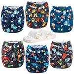 Wegreeco Cloth Diapers 6 Pack with Inserts & Wet Bag, Washable Reusable Diapers for Babies, One Size Adjustable (Monster Style)