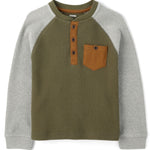 Gymboree,Boys,and Toddler Long Sleeve Thermal Henley Shirt,Olive Gray Colorblock,4 Years