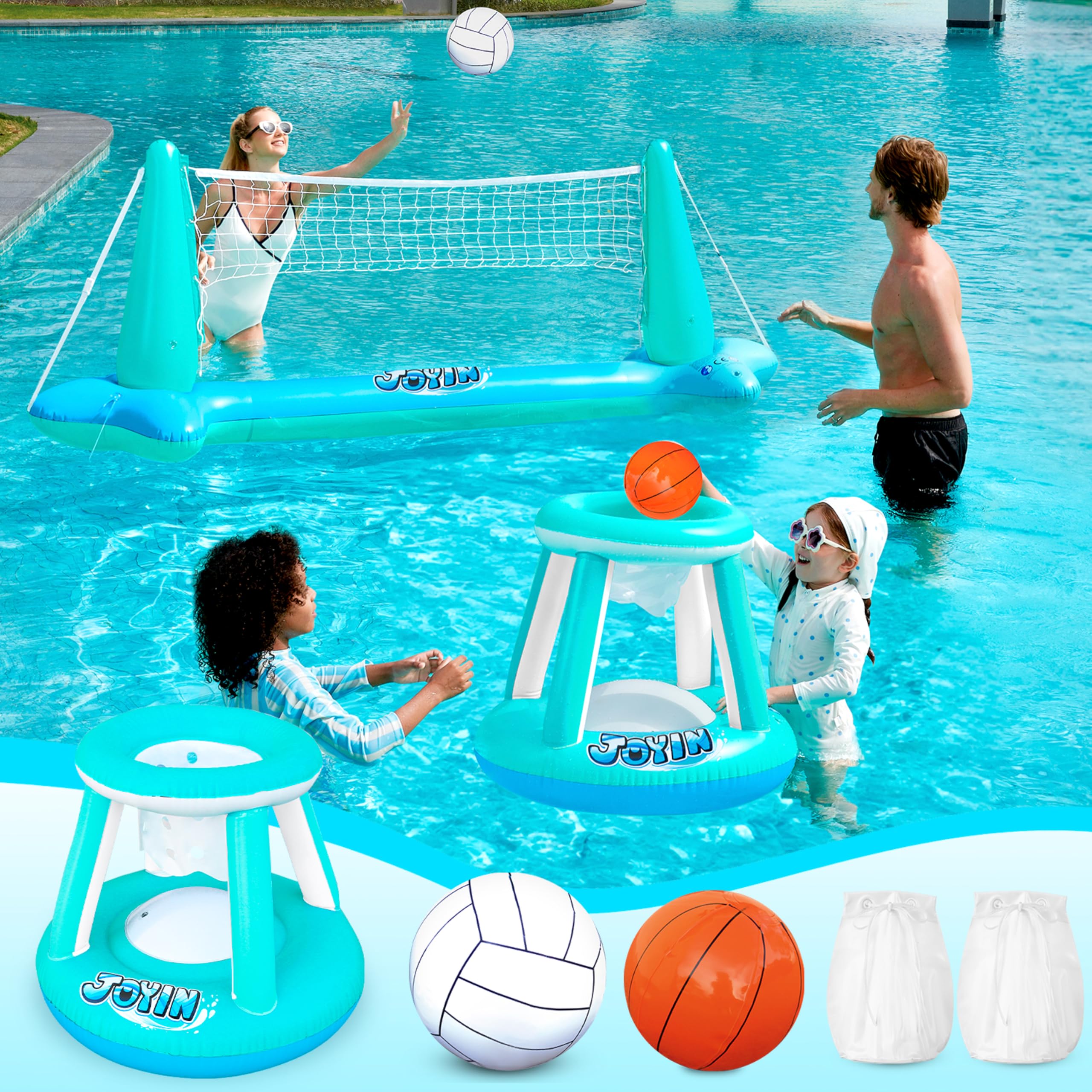 JOYIN Inflatable Pool Float Set Volleyball Net & Basketball Hoops, Floating Swimming Game Toy for Kids and Adults, Summer Floaties, Volleyball Court (105”x28”x38”)|Basketball (27.6”x23”),L-Orange