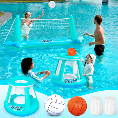 JOYIN Inflatable Pool Float Set Volleyball Net & Basketball Hoops, Floating Swimming Game Toy for Kids and Adults, Summer Floaties, Volleyball Court (105”x28”x38”)|Basketball (27.6”x23”),L-Orange