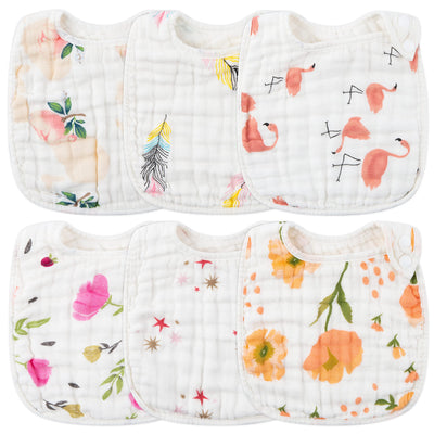 Set of five baby bibs with floral and animal prints on a white background