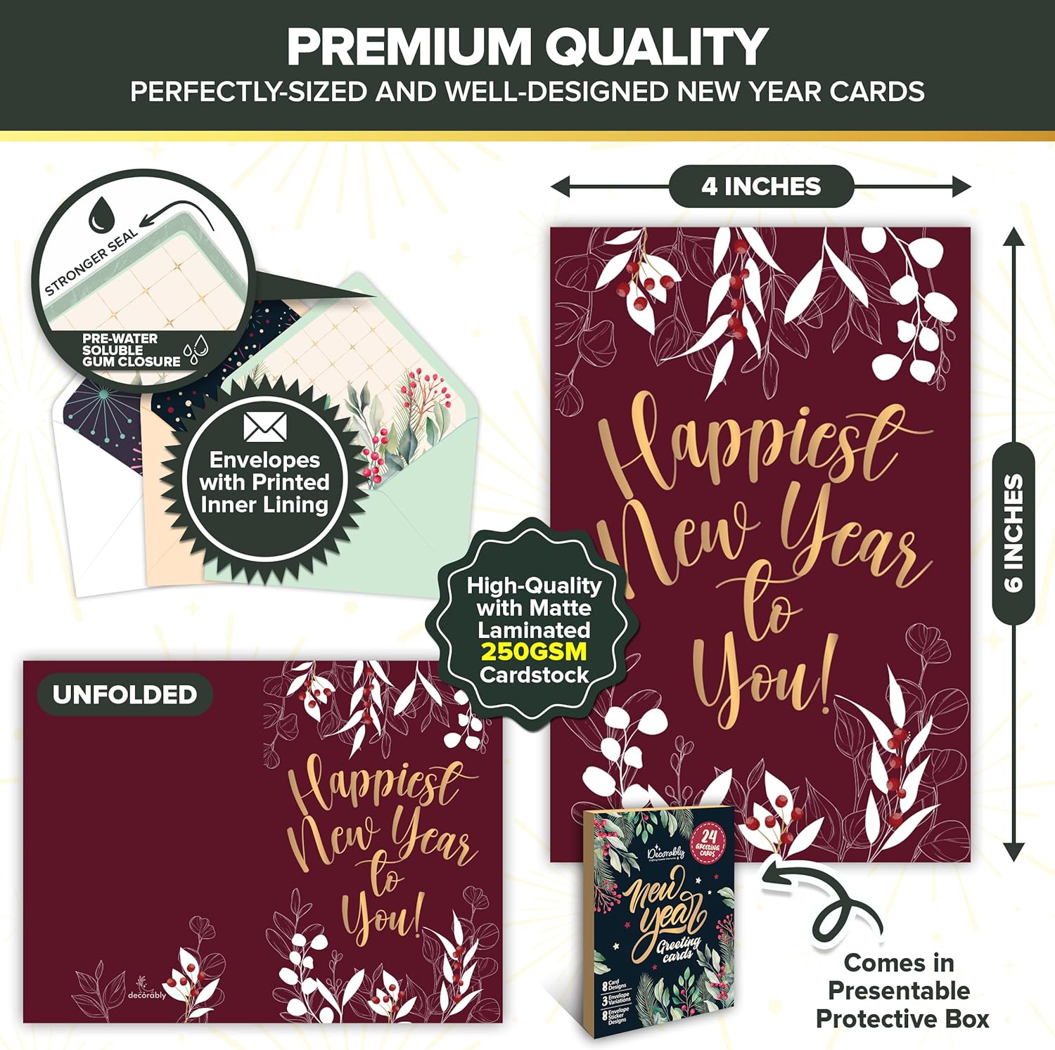 Decorably Special Season Cards with Envelopes & Stickers - 24 Pack Gold Foiled Happy New Year Cards with Envelopes & Stickers, Printed Message Inside 6x4in Happy New Year Card