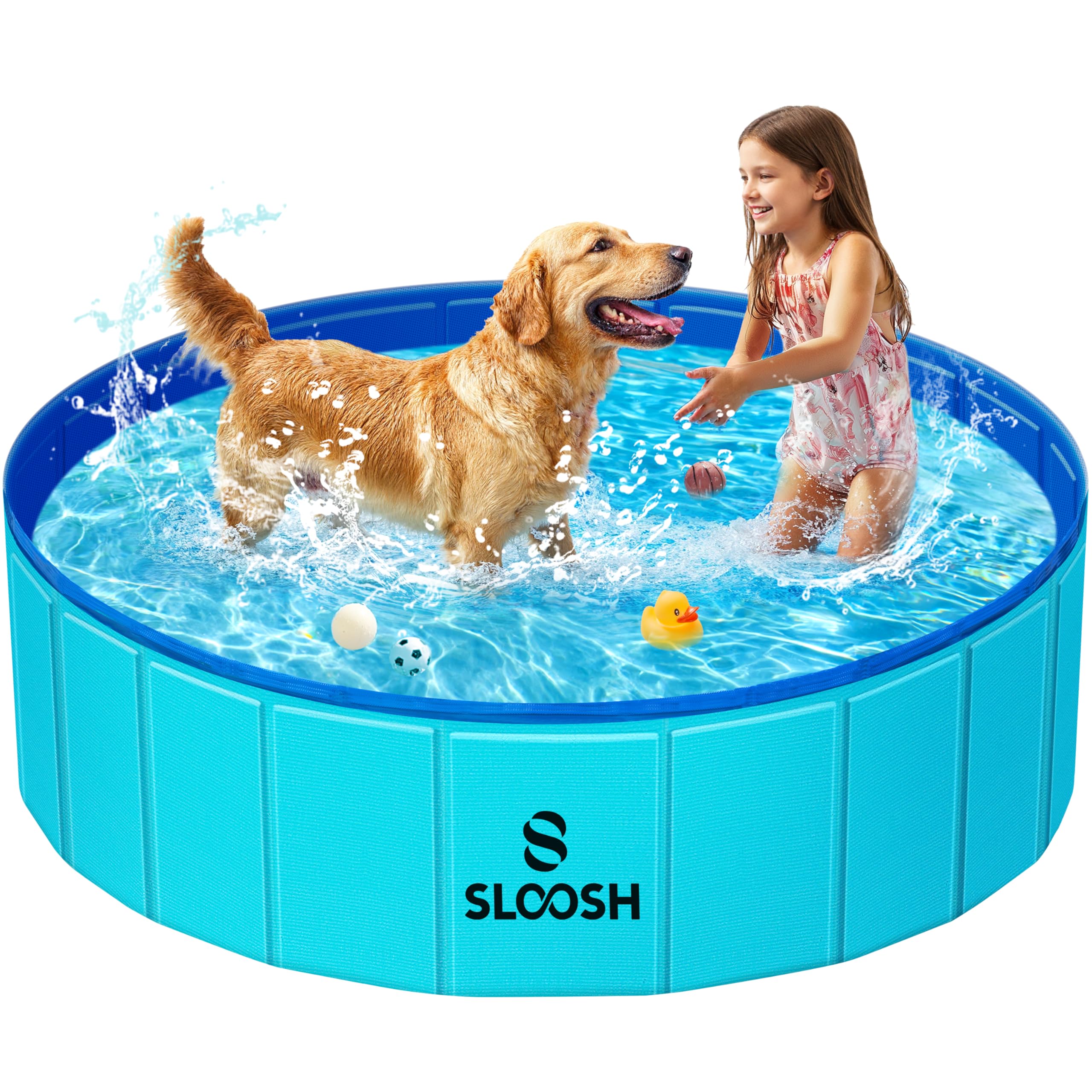 Sloosh Foldable Dog Kiddie Pool - Portable Hard Plastic Doggie Swimming Pool, Anti-Slip Collapsible Pets Bath Tub Suitable for Kids Indoor Outdoor Backyard Use (71" x 12", Blue)