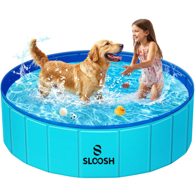 Sloosh Foldable Dog Kiddie Pool - Portable Hard Plastic Doggie Swimming Pool, Anti-Slip Collapsible Pets Bath Tub Suitable for Kids Indoor Outdoor Backyard Use (71" x 12", Blue)