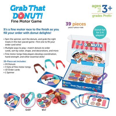 Learning Resources Grab That Donut!, 39 Pieces, Ages 3+,Fine Motor Game, Toddler Learning Toys,Toddler Toys, Educational Games for Kids, Preschool Games,Donut Toys