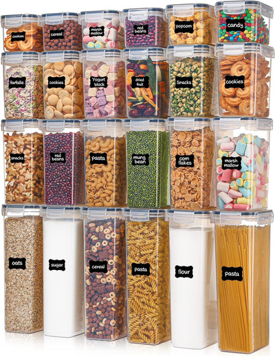 Set of food storage containers with labeled lids on a white background