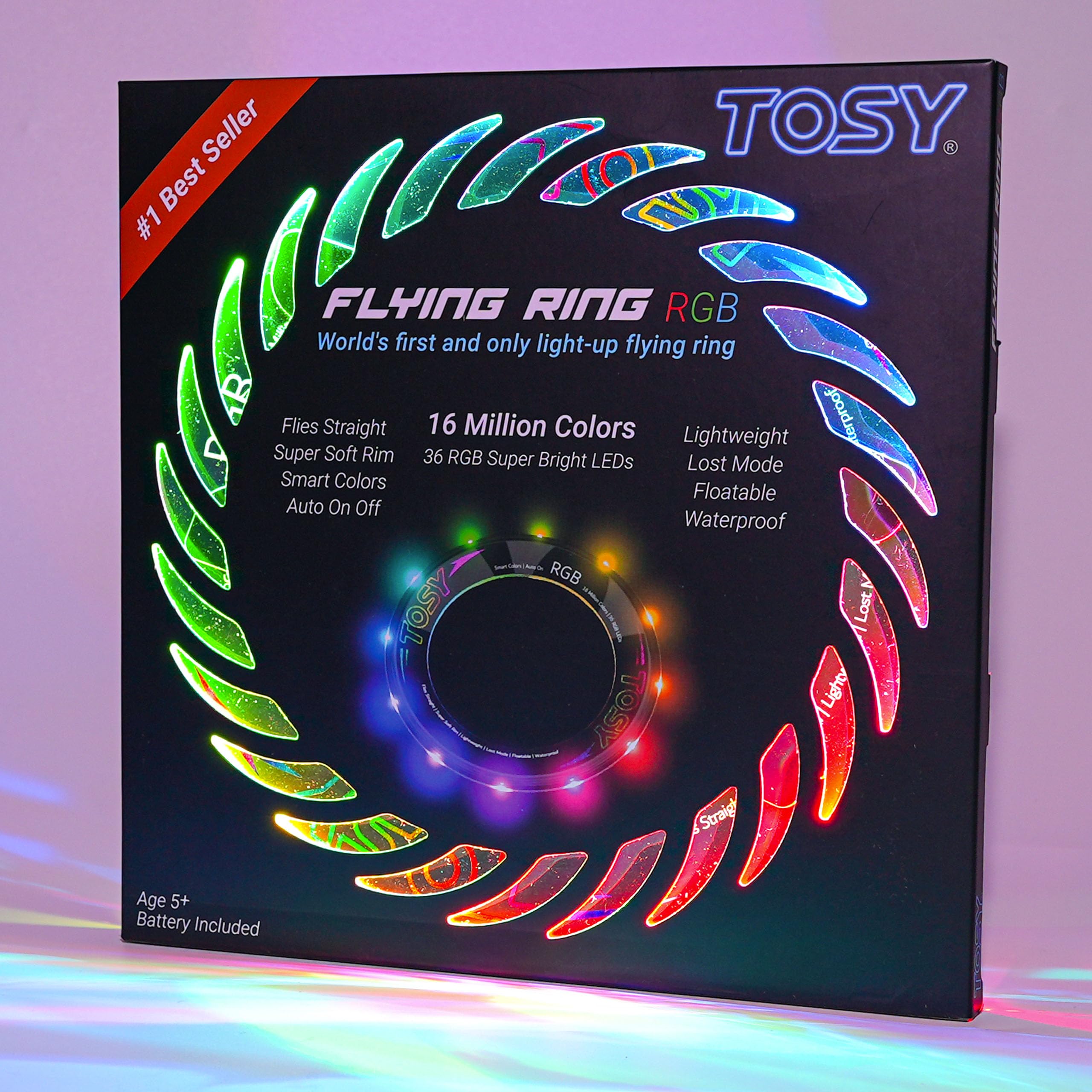 TOSY Flying Ring - 16 Million Color RGB LEDs or 12 LEDs, Super Bright, Lost Mode, Auto Light Up, Camping Essentials for Kids/Teens/Boy/Girl, Safe & Soft, Waterproof, Pool/Beach Games, Lightweight Toy
