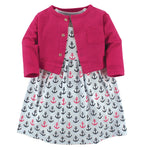 Luvable Friends Baby and Toddler Girl Dress and Cardigan, Anchors, 12-18 Months