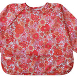 Red floral patterned bib on a white background