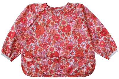 Red floral patterned bib on a white background