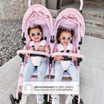 GAP babyGap Classic Side-by-Side Double Stroller - Lightweight Double Stroller with Recline, Extendable Sun Visors & Compact Fold - Made with Sustainable Materials, Grey Stripes