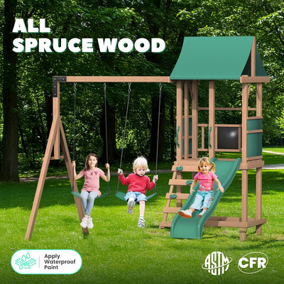 All Spruce Wooden Swing Sets for Backyard for Kids 3-12, Swingset Outdoor for Kids, Outdoor Kids Swing Sets for Backyard with 2 Belt Swings, Slide, Climber, Sandbox Area, Blackboard, Play Deck