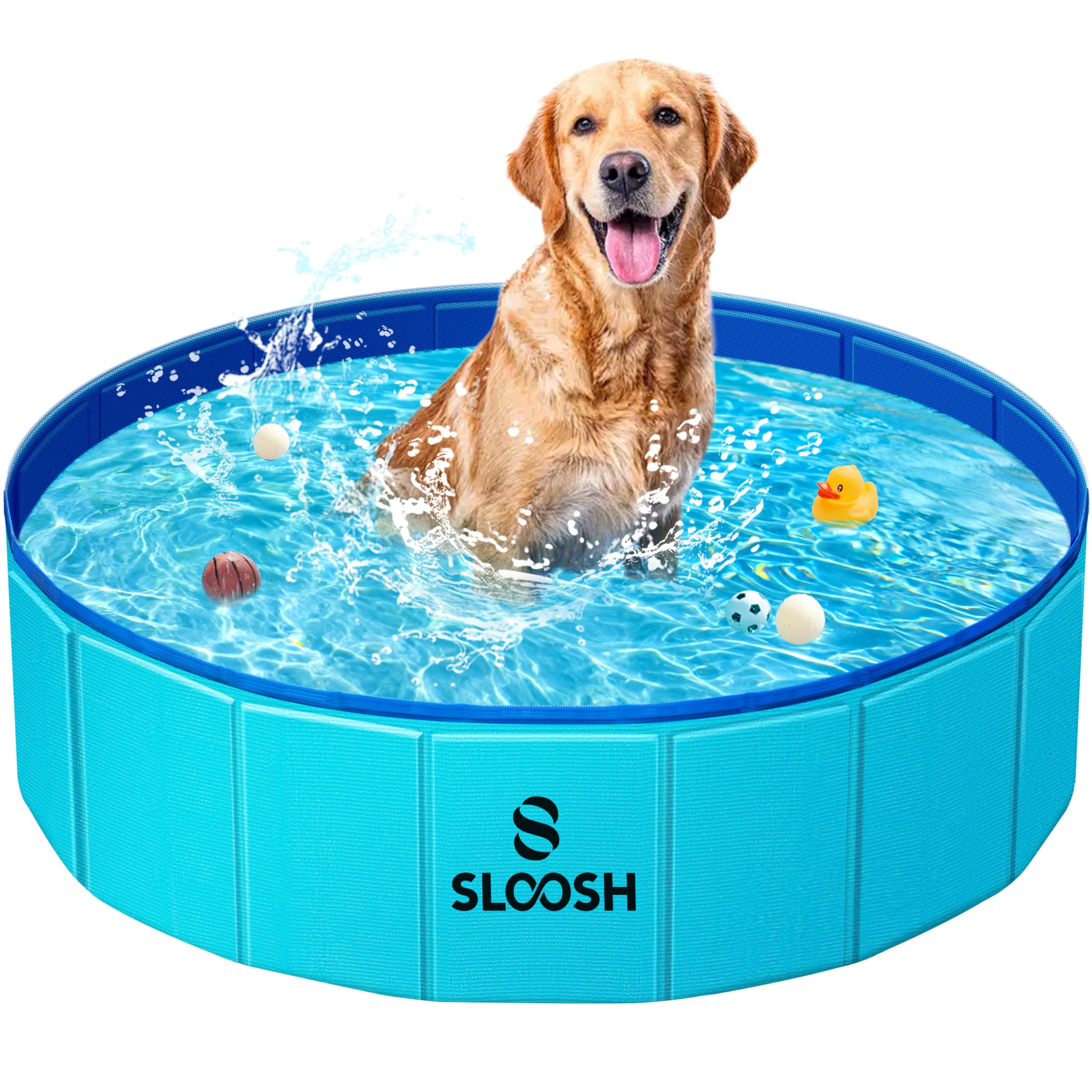 Sloosh Foldable Dog Kiddie Pool - Portable Hard Plastic Doggie Swimming Pool, Anti-Slip Collapsible Pets Bath Tub Suitable for Kids Indoor Outdoor Backyard Use (71" x 12", Blue)
