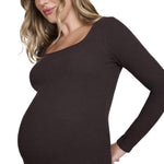 Motherhood Maternity Women's Long Sleeve Ribbed Square Neck Bodycon Casual Pregnancy Dress, Chocolate Tort, Small