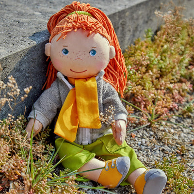 HABA 12" Soft Doll Soley with Red Hair, Outdoor Adventure Outfit and Embroidered Face, Machine Washable Baby Doll with Clothes and Baby Dolls for 18 Months and up