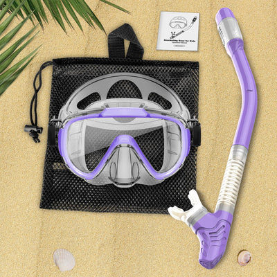 Snorkel Set, Zipoute Snorkel Dry Top Snorkeling Gear for Kids, Panoramic Anti-Leak and Anti-Fog Tempered Glass Lens, Kids Adjustable Snorkeling Set, Scuba Diving Swimming Training Snorkel Kit for Kids