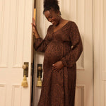 Motherhood Maternity Women’s Long Sleeve Button Front Midi Pregnancy Dress, Brown Animal, Large