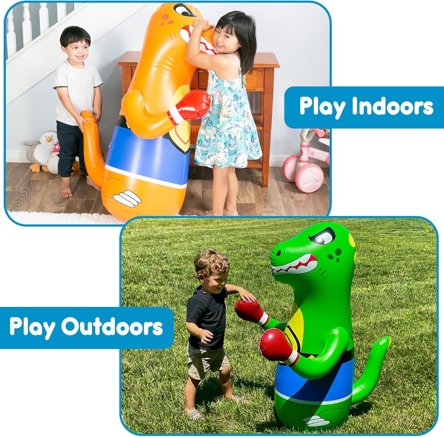 Inflatable Dinosaur Punching Bag for Kids – Bop Bag for Toddlers and Children Ages 3-14 – 47" Blow Up Toy with Bounce-Back Action – Fill Base with Sand or Water