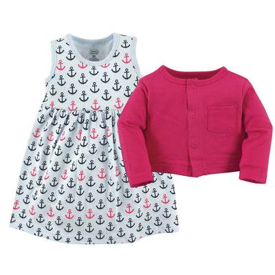 Luvable Friends Baby and Toddler Girl Dress and Cardigan, Anchors, 12-18 Months