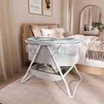 Dream On Me Karley Bassinet, Award Winner Lightweight Travel Baby Bassinet, Foldable Bedside Sleeper, Adjustable Double Canopy, Spacious Design, Soft Fabric, Storage Basket – Blue and Grey