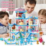 OCTERIC Doll House for Girls ,10 Rooms Blue Doll House with Dolls Figure, Puppies ,Furnitures, Accessories, LED Light, Toddler Playhouse Gift for for 3 4 5 6 7 8 9 10 Year Old Girls Toys