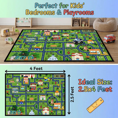 HBUFBUQ Kids Car Rug Play Mat 2.5x4 Feet City Life Road Traffic Carpet for Bedroom Playroom Non Slip Backing Washable Floor Mat for Boys Girls Educational Map with Zoo Ferris Wheel