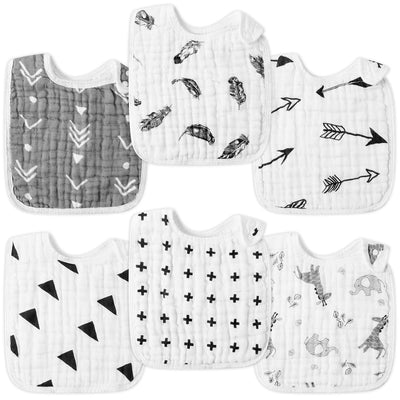 Set of baby bibs with various patterns on a white background