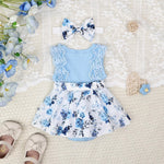 KAFIREN Baby Girl Clothes 3-6 Months Newborn Romper Dress Infant Lace Ruffle Sleeveless Summer Outfits with Headband Blue Flower 3-6 Months 80cm
