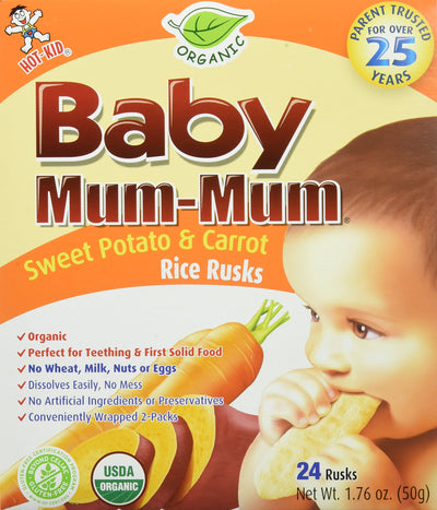 Box of Baby Mum-Mum Sweet Potato & Carrot Rice Rusks with a child eating a rusk on an orange background.
