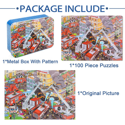 LELEMON Puzzles for Kids Ages 4-8,Fire Fighting 100 Piece Puzzles for Kids,Educational Kids Puzzles Jigsaw Puzzles in a Metal Box,Children 100 Piece Puzzle Games Puzzle Toys for Girls and Boys