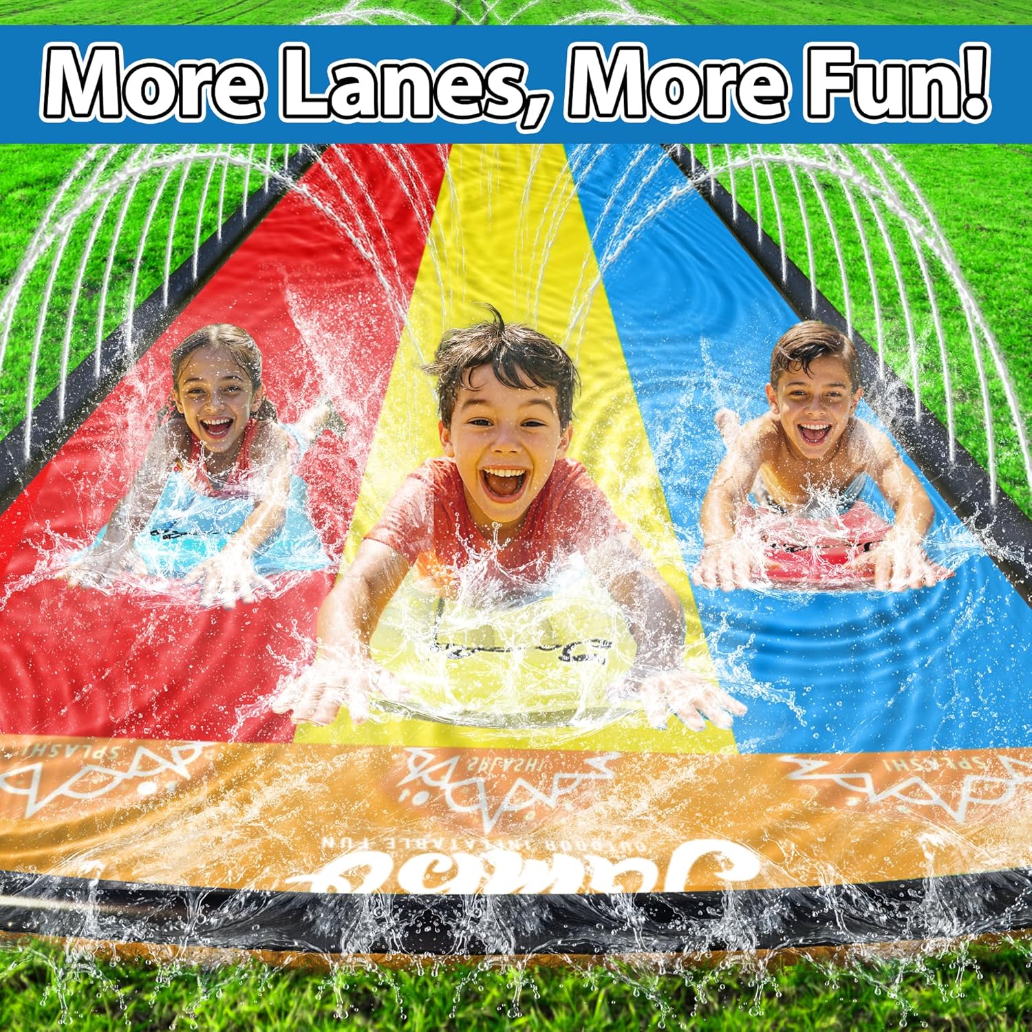 JAMBO Premium 16Ft Slip Splash and Slide and 3 Bodyboards Updated Model, Heavy Duty Water Slide - 3-Way Sprinkler System, Splash Mat Pad, Backyard Outdoor Water Toys n Slides for Kids