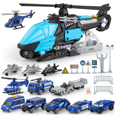 XDUOYJOY Police Helicopter Toy Playset with Vehicles, Fighter Jets, Airplane, SWAT Truck and Roadblocks, Police Rescue Patrol Car Toy for Kids Imaginative Pretend Play