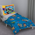 Disney Toy Story - Play Time - Blue, Yellow, Green, Red, Gray 4 Piece Toddler Bed Set with Comforter, Flat Top Sheet, Fitted Bottom Sheet, Standard Size Pillowcase