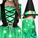Spooktacular Creations Girls Witch Costume, Light up Witch Costume Kids, Starry Dress with Broom Belt Hat for Child Halloween Role Play Parties, S