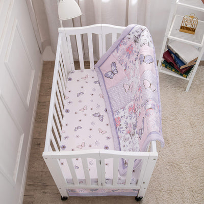 La Premura Baby Mini Crib Bedding Set for Girls, Pastel Purple Butterfly, 3 Piece Crib Set for Nursery Portable Crib, Purple and Pink
