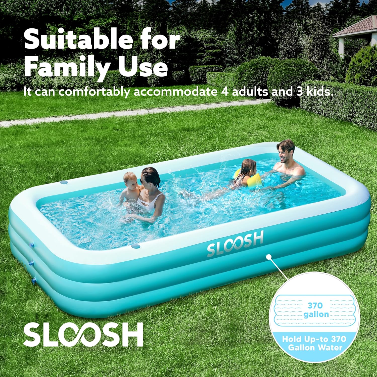 SLOOSH Inflatable Swimming Pool with Seats, 120" x 72" x 22" Full-Sized Blow Up Durable Thickened Above Ground Family Pool for Summer Water Party Backyard Garden Lawn,Cyan