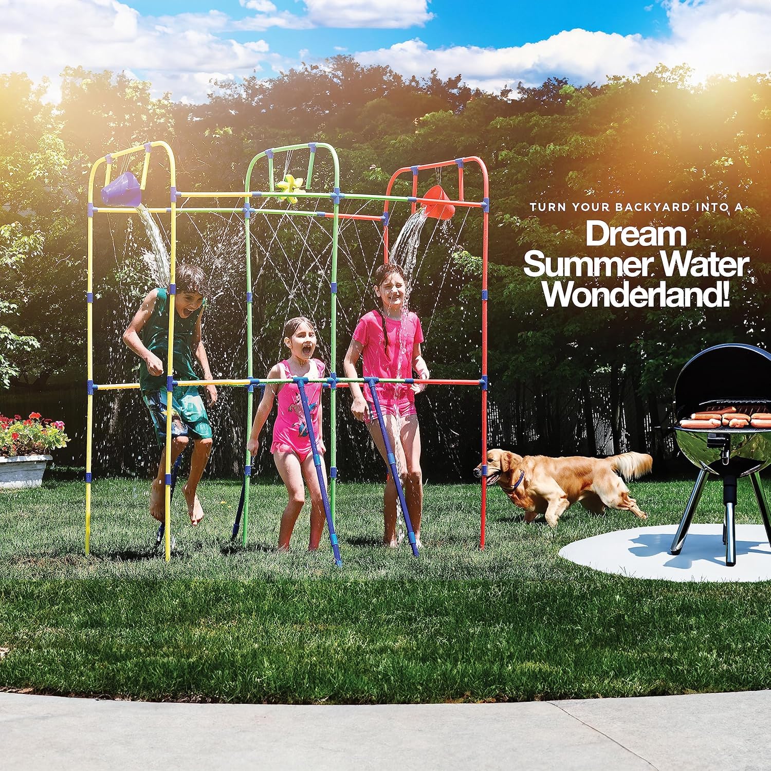 Backyard Waterpark with Splash Wheel, Dump Buckets for Kids Outdoor Water Play