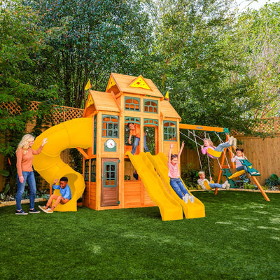 KidKraft Atlas Point Wooden Outdoor Swing Set/Playset with Kitchen, Slides and Glider