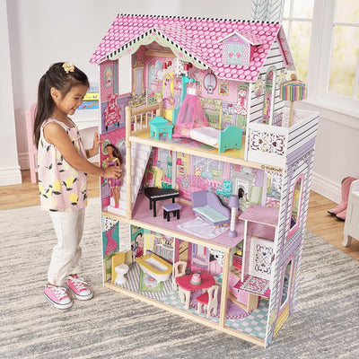 KidKraft Annabelle Wooden Dollhouse with Elevator, Balcony and 17 Accessories, Gift for Ages 3+