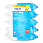 Packaging of Equate flushable wipes with blue and white design on a white background