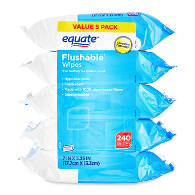Packaging of Equate flushable wipes with blue and white design on a white background