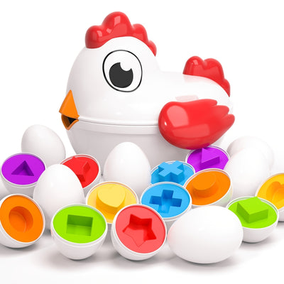Colorful toy chicken with shape-sorting eggs on a white background