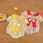 Baby Girl Floral Print Bow Tie Decoration Neck Buttoned Design Doll-Neck Onesies